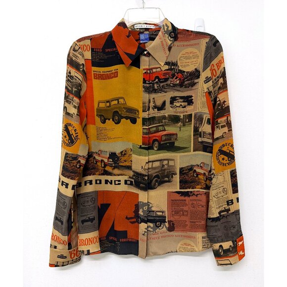 Alice + Olivia x Bronco Willa Shirt Blouse Car Horse Ford Print Orange Red S - Picture 2 of 14